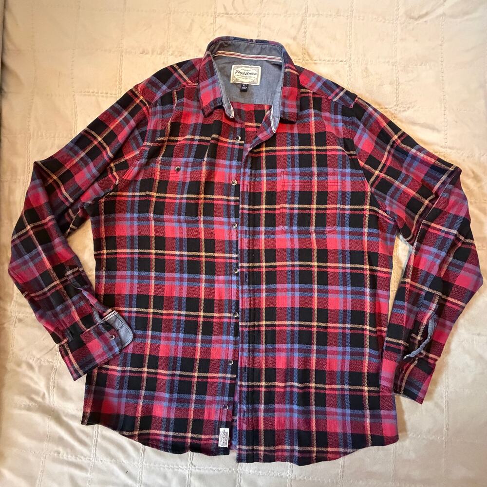 Flag & Anthem Plaid Flannel Shirt Red Blue Black Men's XLT